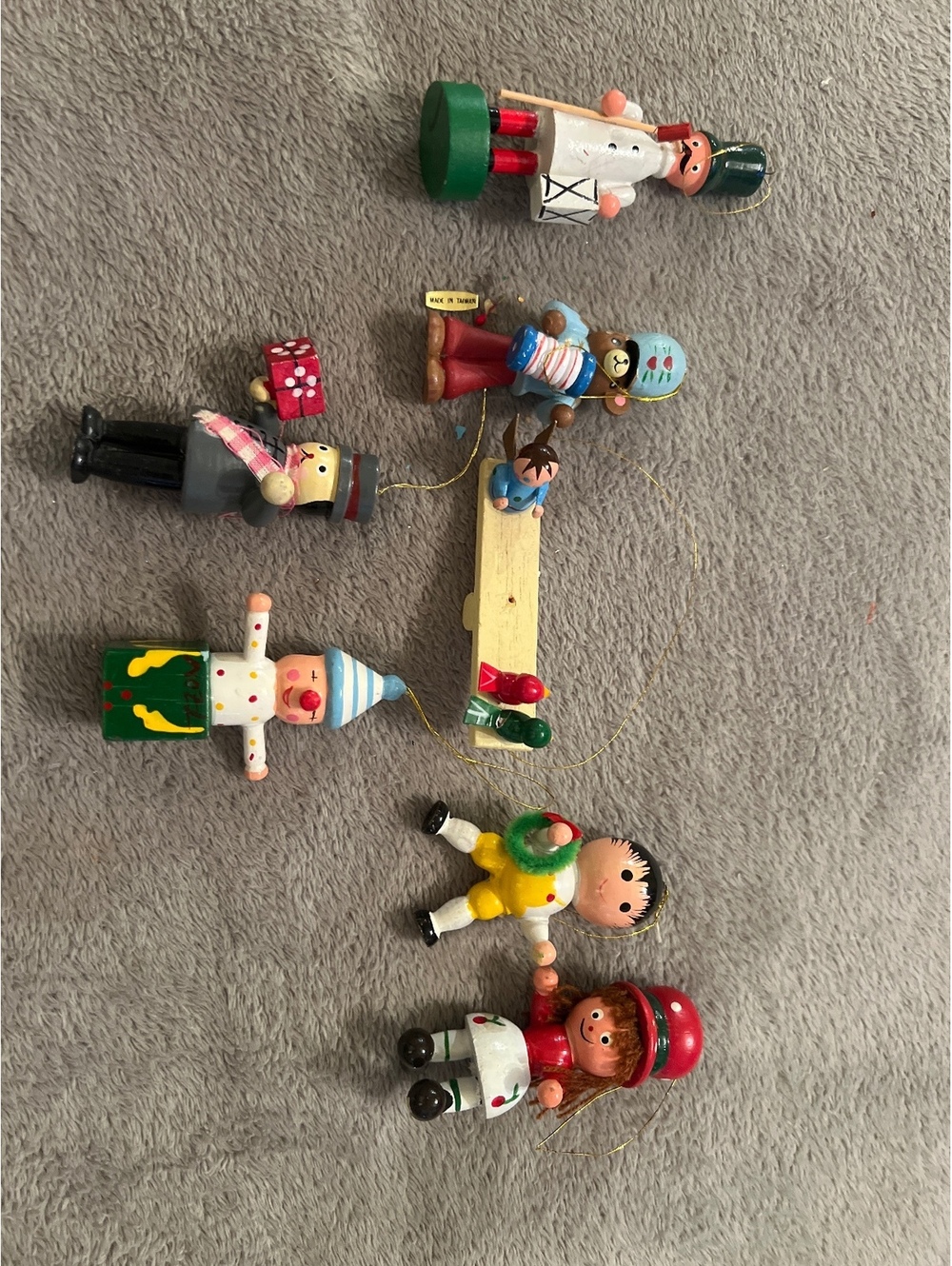 Vintage Hand-Painted Wooden Christmas Ornaments Set of 7